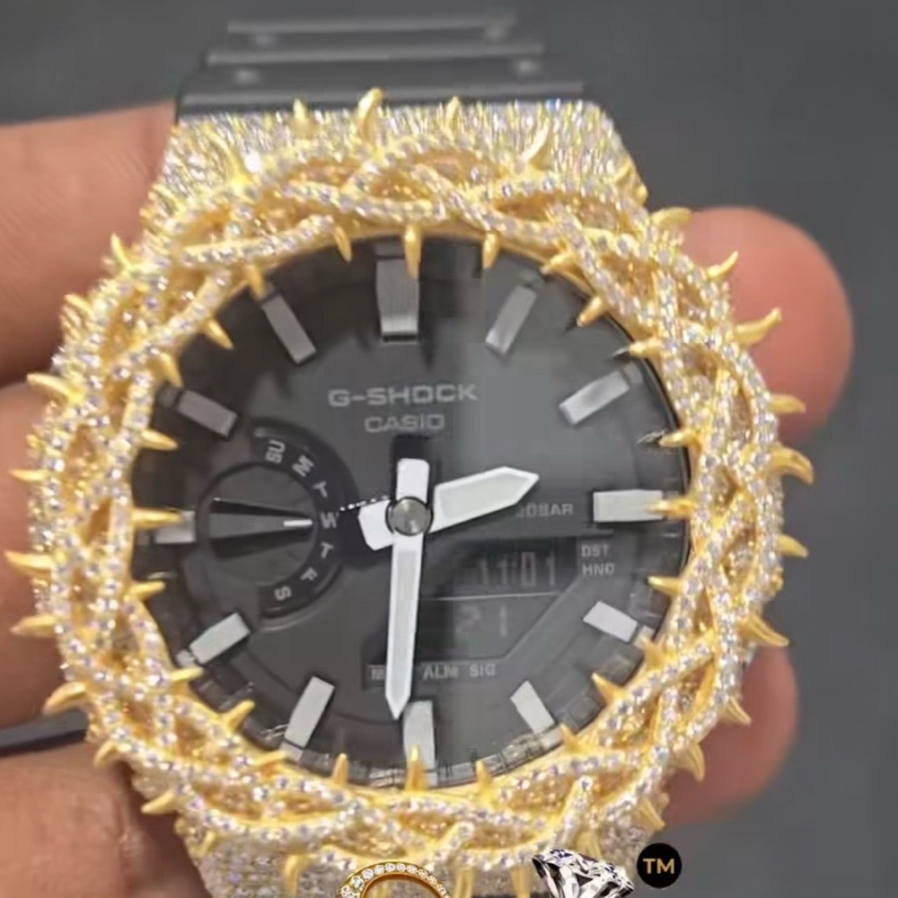 G-Shock Casio Black Dial Watch iced out Gold thorn bezel